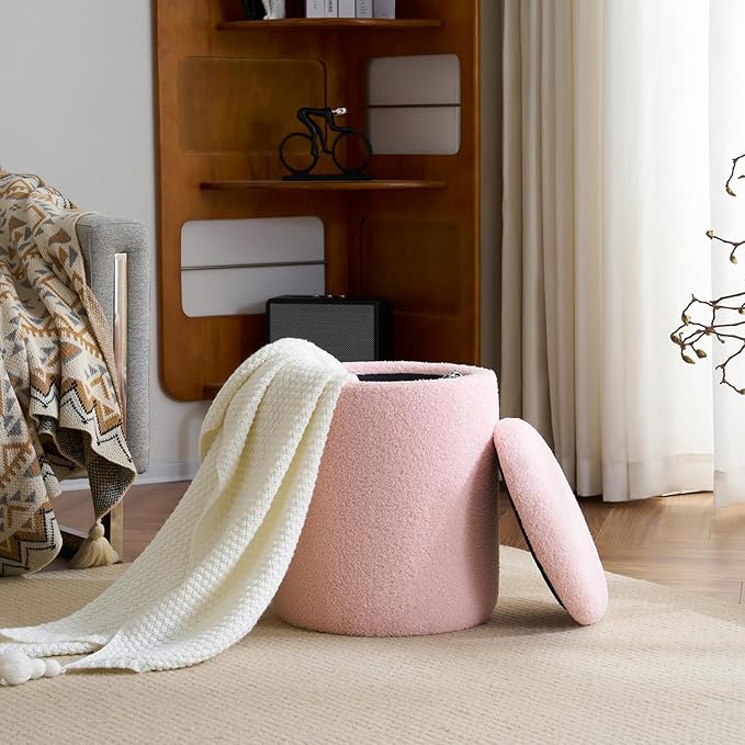 YFO Round Ottoman with Removable Lid Upholstered, Multifunctional Vanity Chairs for Makeup, Soft Footrest Stool Ottoman Foot Stool for Living Room, Bedroom, Boucle, Pink-Ruum Studio Home