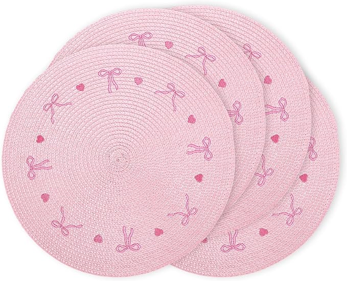Whaline 4Pcs Round Placemats Pink Bow Embroidered Place Mats Coquette Bow Dinner Table Mats for Home Wedding Baby Shower Birthday Party Decor-Ruum Studio Home