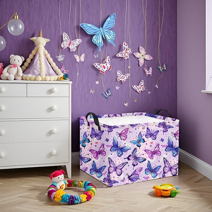 HIYAGON Rectangular Butterfly Basket Baby Storage Basket Storage Bin Organizer Box Room Decor(Purple Butterfly)-Ruum Studio Home