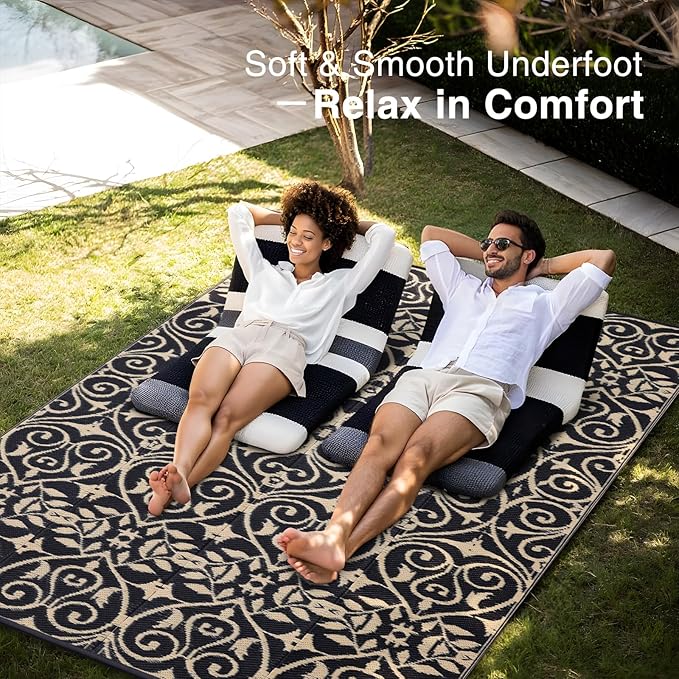 OLANLY Outdoor Rug Waterproof 6x9 ft Clearance, Reversible Outdoor Plastic Straw Rug with Floral Pattern, RV Mat for Patio, Camping, Balcony, Deck, Backyard, Black & Beige-Ruum Studio Home