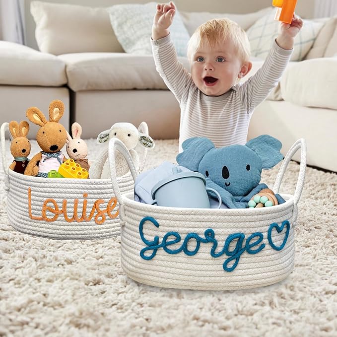 Personalized Baby Basket with Name Custom Cotton Rope Storage Bin for Diaper Caddy, Organizer, Keepsake - Shower Gift-Ruum Studio Home