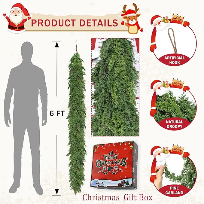 6 Ft Real Touch Christmas Garland,Thick and Lush，Soft Bendable, Lifelike Cedar Garland Realistic, Garlands for Decoration Christmas，Christmas Garland for Mantle,Outdoor Indoor Christmas Decorations-Ruum Studio Home