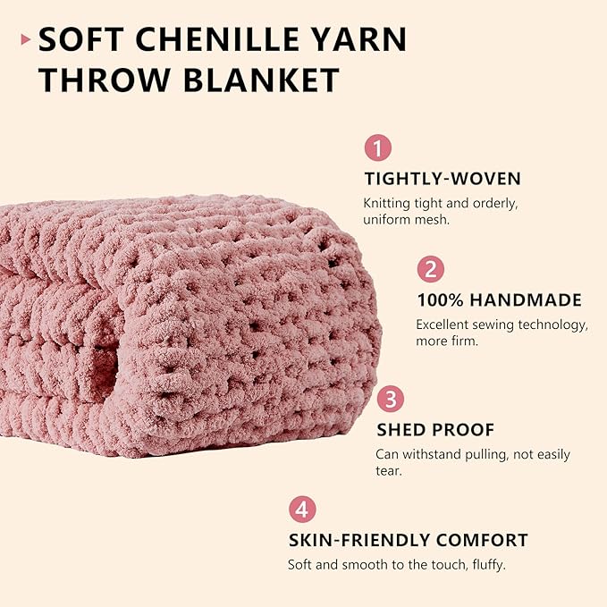 L'AGRATY Chunky Knit Blanket Throw - Soft Chunky Throw Blanket 50x60: 100% Hand Kintted Chenile Crochet Throw Blanket for Couch - Large Cable Knit Chunky Blanket for Home Decor(Rose Pink)-Ruum Studio Home