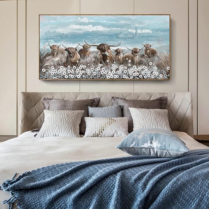 Extra Large Framed Wall Art for Living Room Big Boho Farmhouse Highland Cow Canvas Artwork Flower and Animal Picture Rustic Coastal Blue and Brown Decor for Office Bedroom Kitchen-Ruum Studio Home