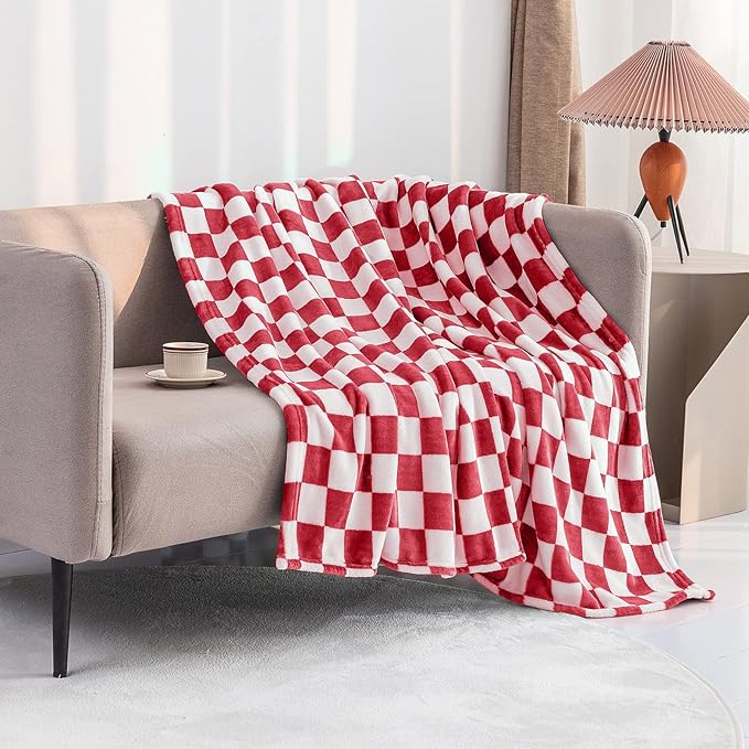 LOMAO Throw Blankets Flannel Blanket with Checkerboard Grid Pattern Soft Throw Blanket for Couch, Bed, Sofa Luxurious Warm and Cozy for All Seasons (Red, 50"x60")-Ruum Studio Home