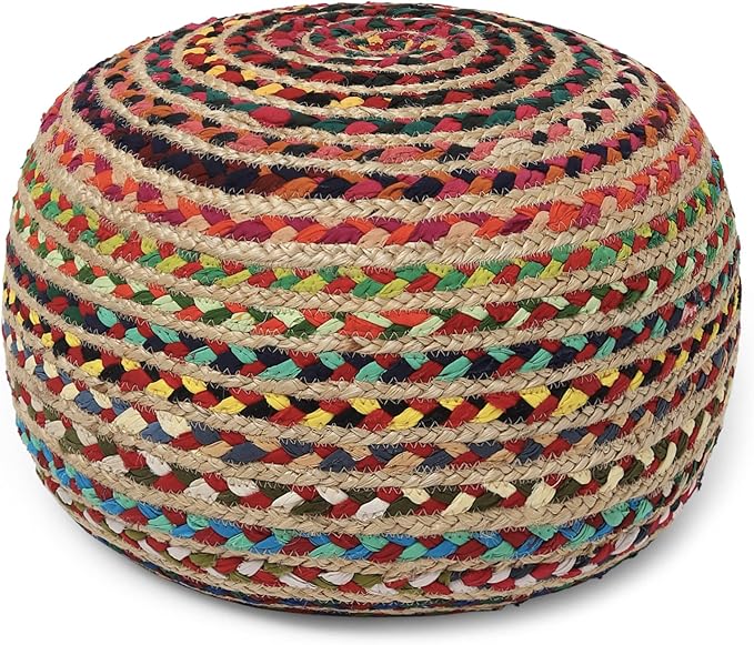 REDEARTH Round Pouf Ottoman - Braided Boho Poof Home Décor Pouffe Accent Sitting Circular Foot Rest for Living Room, Bedroom, Nursery, Kidsroom, Lounge; Jute and Cotton (19.5"x19.5"x14"; Multi)-Ruum Studio Home