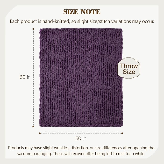 Carriediosa Chunky Knit Throw Blanket 50" X 60", 100% Hand Made Large Chenille Loop Yarn Soft Fluffy Throws for Couch Sofa Bed, Big Crochet Cozy Heavy Thick Cable Woven Blanket, Dark Purple-Ruum Studio Home