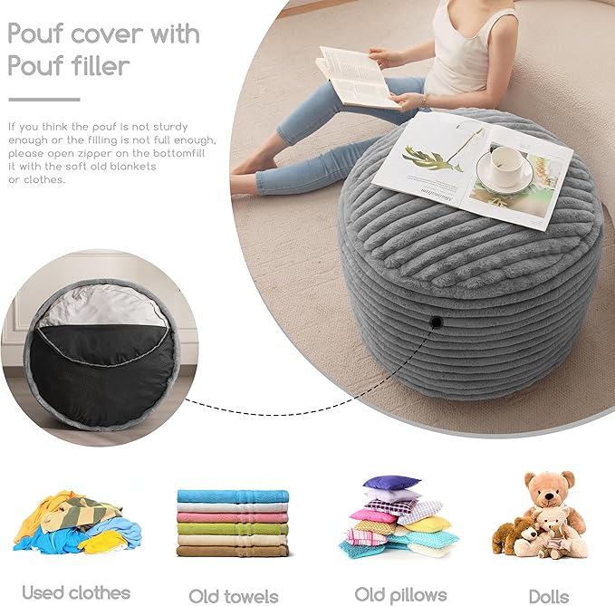 HIGOGOGO Round Stuffed Pouf Ottoman, Stripe Faux Fur Poufs with Foam Chunk Filling, Furry and Fluffy Pouf Foot Stool Storage Ottoman, 26 X 18 Floor Poufs Foot Rest for Living Room, Grey-Ruum Studio Home