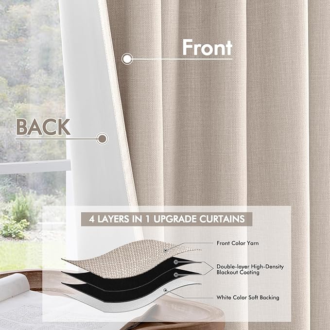 MIULEE 100% Blackout Curtains 120 Inch Long 2 Panels Set for Bedroom, Thick Luxury Faux Linen Black Out Curtain Room Darkening Back Tab Pleat Window Textured Drapes with Hooks for Living Room, Beige-Ruum Studio Home