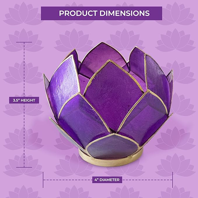 Blooming Lotus Capiz Shell Tealight Candle Holder, Handcrafted Decorative Tea Light Candleholder with Translucent Flower Petals for Ambient Illumination and Natural Elegance, Purple-Ruum Studio Home