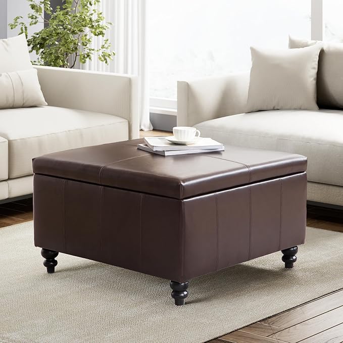 HUIMO Square Leather Storage Ottoman,Ottoman Coffee Table with Storage for Living Room (Brown)-Ruum Studio Home