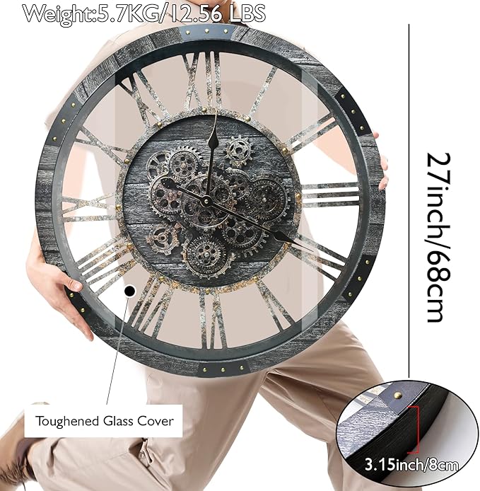 DORBOKER 27" Real Moving Gears Large Wall Clock with Toughened Glass Cover, Giant Wood Farmhouse Clock, Oversized Vintage Industrial Rustic Clock for Living Room Decor Home Kitchen (Carbon Grey)-Ruum Studio Home