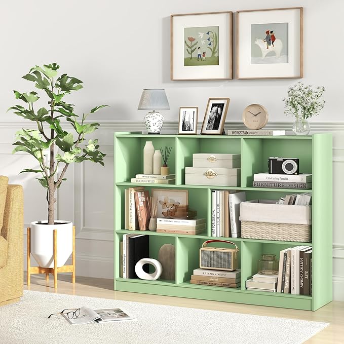 Tangkula 8-Cube Bookcase, Wood 3 Tier Open Storage Bookshelf, Modern Multipurpose Display Cabinet for Living Room, Study, Reading Nook, 48 x 12.5 x 36.5 Inch (Green)-Ruum Studio Home