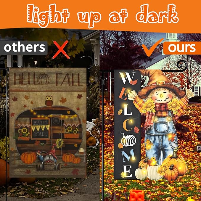 Thanksgiving Lighted Garden Flag, Solar Fall Outdoor Decor Yard Flag,8 Modes Led Scarecrow Flag,28x40 Double Sided Maple Leaf Pumpkin Bird Decorations for Home Porch-Ruum Studio Home