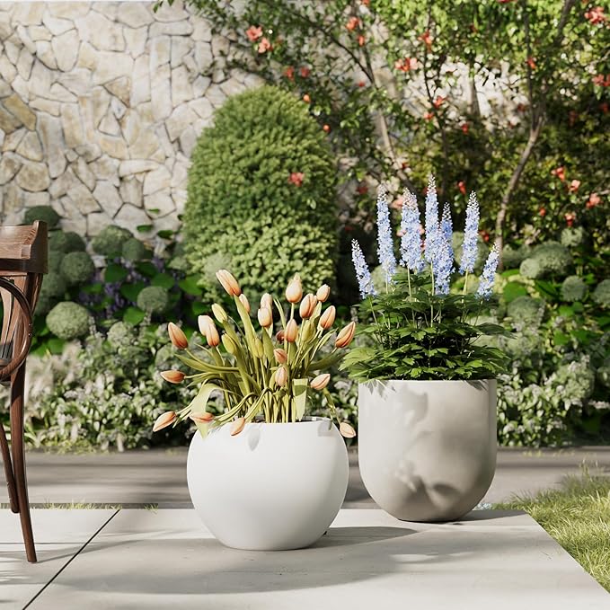 DTY Signature Mount Sherman Lightweight Durable Modern Fiberstone Sphere Planter for Indoor & Outdoor Drainage Hole & Rubber Plug Weather Resistant, 17" H x 21" Dia, 14.4" Opening - Large, White-Ruum Studio Home