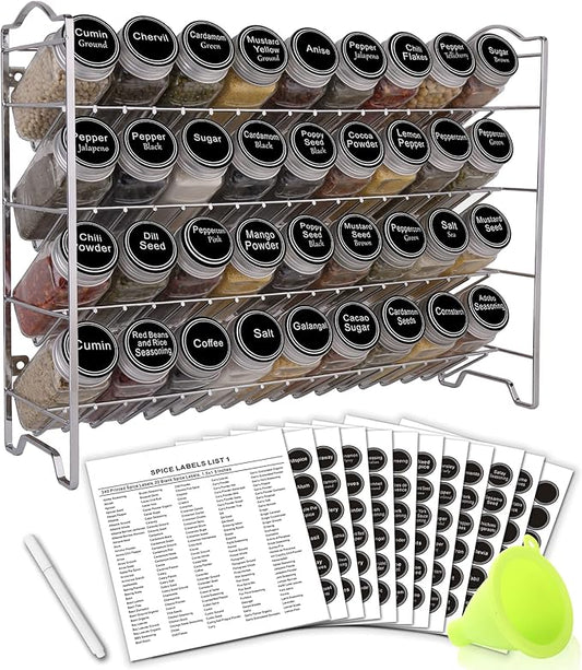 SWOMMOLY Spice Rack Organizer with 36 Empty Square Spice Jars, 396 Spice Labels with Chalk Marker and Funnel Complete Set, for Countertop, Cabinet or Wall Mount,Silver-Ruum Studio Home