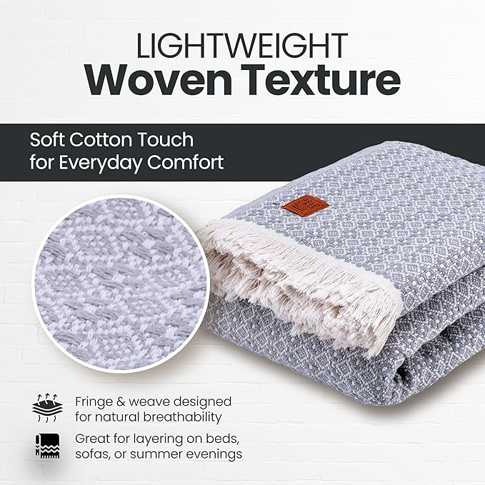 Gold Case Throw Blanket for Bed – 100% Recycled Turkish Cotton Bed Blanket – Decorative Throw Cotton Blankets for Living Room & Bedroom – Retro Grey Woven Queen Blankets – 90x90-Ruum Studio Home