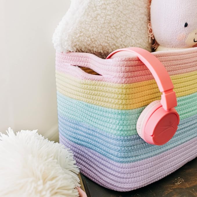 OrganiHaus Rainbow Woven Storage Baskets for Organizing, Cotton Rope Organizer Bins for Shelves, Closet & Nursery, Dog Toy Basket, Decorative Bins for Toys, Towels & Books - 15x10x9-Ruum Studio Home