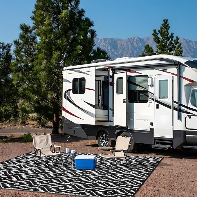 OLANLY Outdoor Rug 6x9 ft Waterproof, Outdoor Plastic Straw Rug with Geometric Pattern Clearance, Reversible RV Mat for Patio, Camping, Balcony, Deck, Backyard, Black & White-Ruum Studio Home