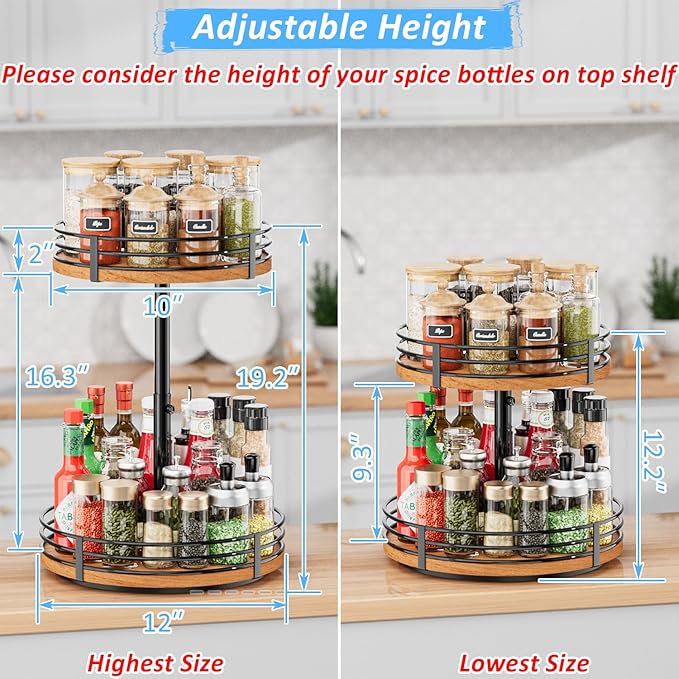 Lazy Susan Turntable Organizer Adjustable - 2 Tier Wood Rotating Spice Rack 12 Inch Lazy Susan for Kitchen Countertop Cabinet Pantry Cupboard Dining Table Bathroom Coffee Bar Home Storage-Ruum Studio Home