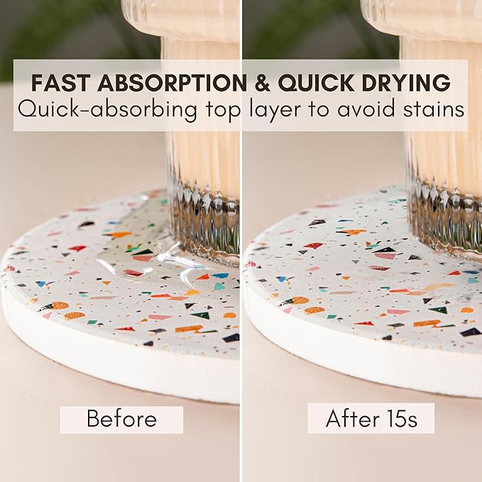 Terrazzo Drink Absorbent Coasters with Holder Set of 6, Ceramic Coaster for Drinks, Coffee Table Decor, Water Absorbing Stone Coaster for Drinks (Confetti)-Ruum Studio Home