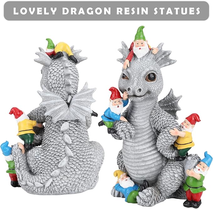 Dragon Gnome Statues Outdoor Decor, 13” Dinosaur Play with Gnomes Garden Statue, Outdoor Statue for All Season Lawn Decor, Garden Decoration, Gardening Gift-Ruum Studio Home