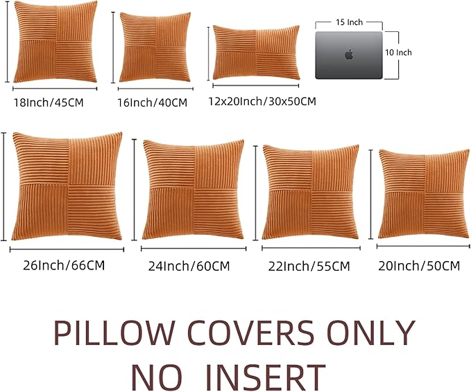 Fancy Homi 2 Packs Orange Fall Decorative Throw Pillow Covers 16x16 Inch for Living Room Couch Bed Sofa, Farmhouse Boho Home Decor, Soft Corss Patchwork Corduroy Textured Square Cushion Case 40x40 cm-Ruum Studio Home