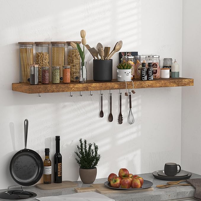 Floating Shelves - 10.23 Inch Deep Wall Shelf for Decor & Storage - Wall Mounted Display Shelving with Invisible Heavy-Duty Metal Bracket - 48" W x 10.23" D x 1.8" H - Set of 1 - Rustic Brown-Ruum Studio Home