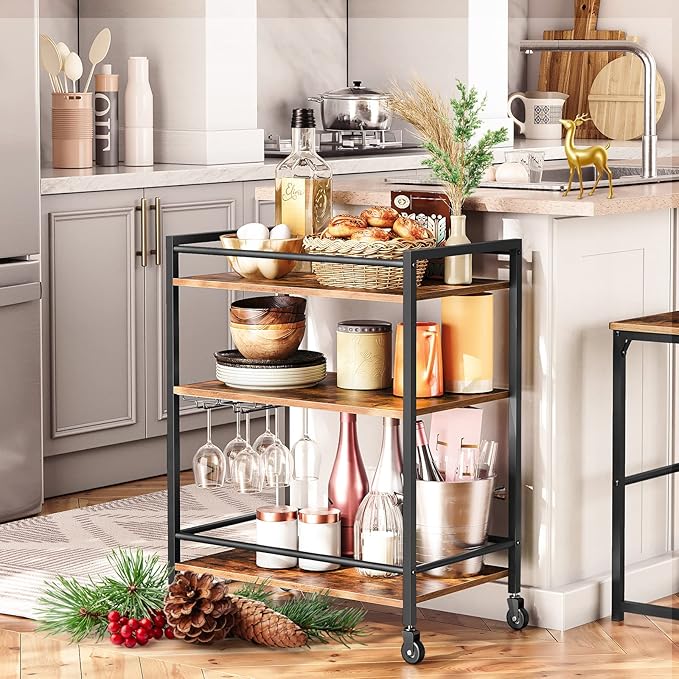 HOOBRO Bar Cart for The Home, Serving Cart with Wine Glass Hooks, Rolling Kitchen Cart with Lockable Wheels, 25.2 x 15.7 x 33.3 Inches Beverage Cart with Storage Shelves, Rustic Brown BF02TC01-Ruum Studio Home
