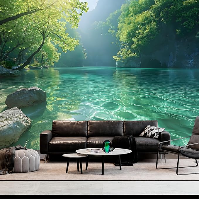 BSFHH Nature Tapestry Forest Tree Sea Cave Wall Hanging, Stream Through Rainforest Landscape Wall Art Tapestry for Bedroom Living room (Lake View, 79"×59", Unframed)-Ruum Studio Home