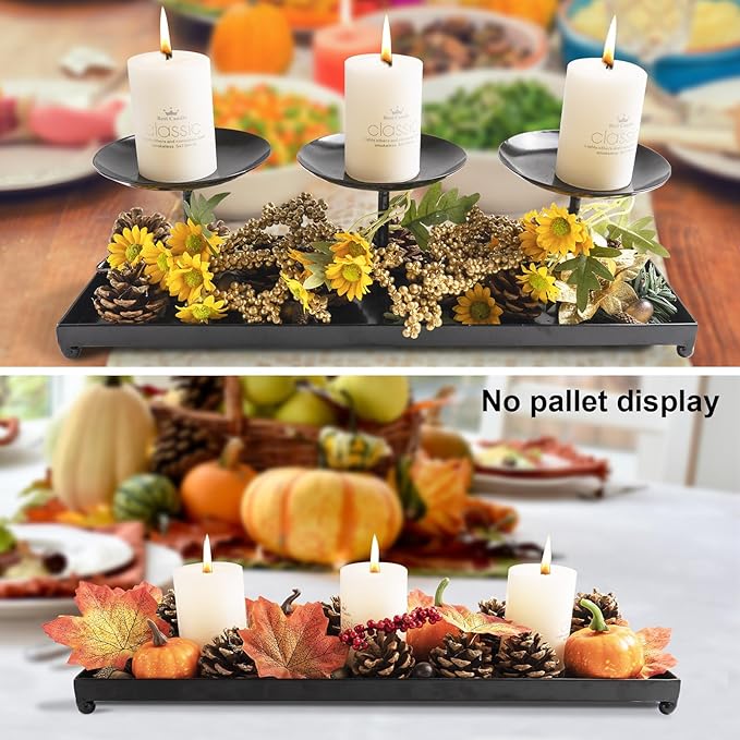 3 Pillar Black Metal Candle Holders for Table Centerpiece, Fall Thanksgiving & Halloween Dining Table, Fireplace Mantel Decor, Tray Candlestick for Living Room Rustic Decorations-Ruum Studio Home