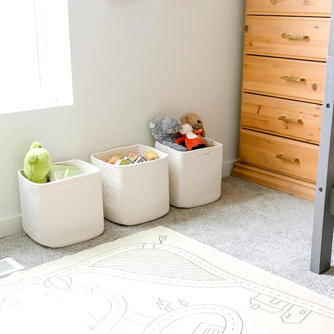 NaturalCozy 13 Inch Cube Storage Bins Cotton Rope Woven Baskets for Organizing 3-Pack | 13 x 13 Storage Cubes | Fabric Square Storage Baskets for Shelves Organizer, Kids Toy Bins, Closet Baby Nursery-Ruum Studio Home
