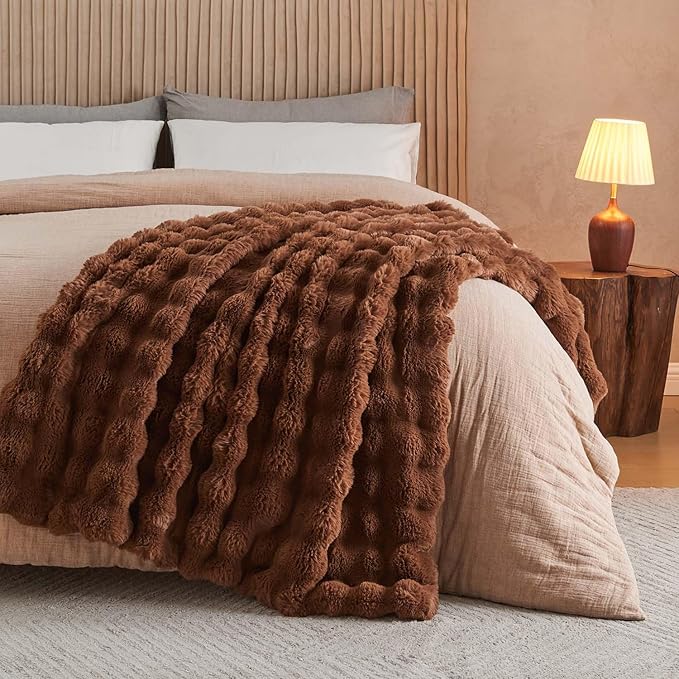Lotus Karen Faux Fur Throw Blanket Dark Coffee - Big Bubble Rabbit Fluff Blanket for Couch Bed Sofa,Softest Fluffy Fuzzy Cozy Blanket,Thick Furry Plush Shaggy Warm Blankets for Women,50x60 Inches-Ruum Studio Home