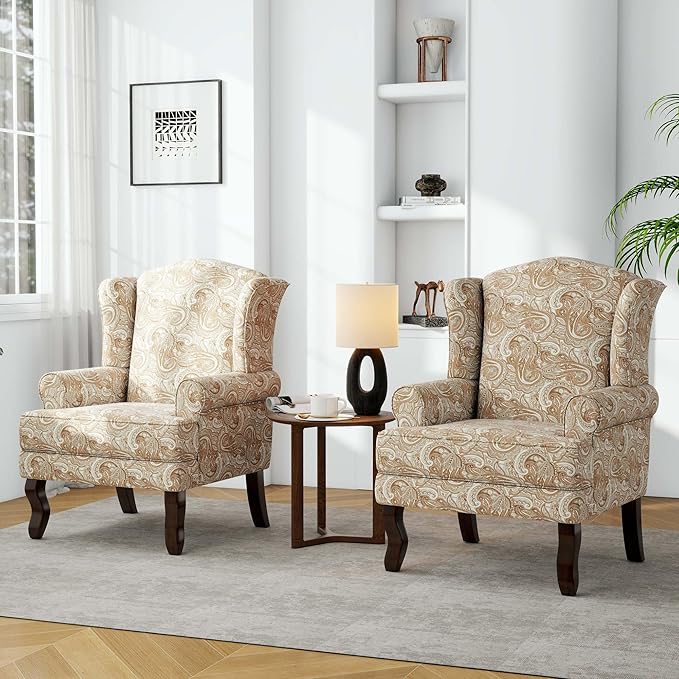 Accent Chair, High Back Upholstered Armchair with High Resilience Sponge & Wood Legs, Mid-Century Modern Comfy Single Sofa Reading Chairs for Living Room, Bedroom (Floral Sand, Set of 1)-Ruum Studio Home
