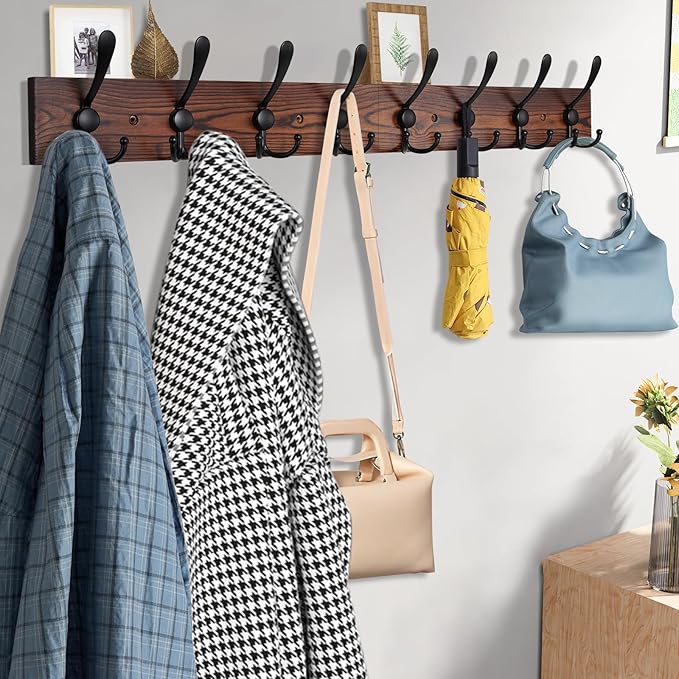 32.2'' Large Coat Rack Wall Mount Coat Hooks Coat Hanger with 8 Metal Black Triple- Hooks Brown Pine Real Wood Plank Hat Rack for Wall Hooks for Hanging Coat Hat Jacket-Ruum Studio Home