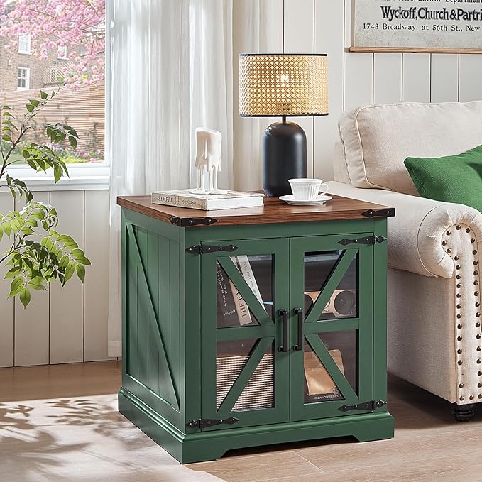 24" End Table with Charging Station, Farmhouse Night Stand with Glass Barn Door, Green Nightstands with Adjustable Storage Shelf, Large Wood Square Bed Side Table for Living Room, Bedroom-Ruum Studio Home