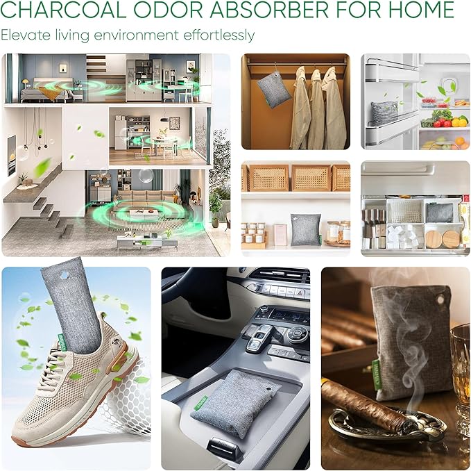 Activated Charcoal Odor Absorber, Odor Eliminator for Strong Odor,Bamboo Charcoal Air Purifying Bags for Home Car Closet Pet, Smoke Room Deodorizer (10 x 100g, Unscented)-Ruum Studio Home