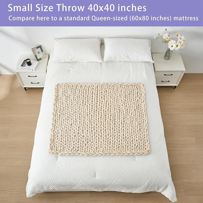 Bigacogo Chunky Knit Throw Blanket for Couch, 40x40 inches, 100% Hand Knitted with Thick Jumbo Chenille Yarn, Cozy Soft Large Rope Knot Cable Crochet Blankets for Sofa Bed Living Room, Beige-Ruum Studio Home