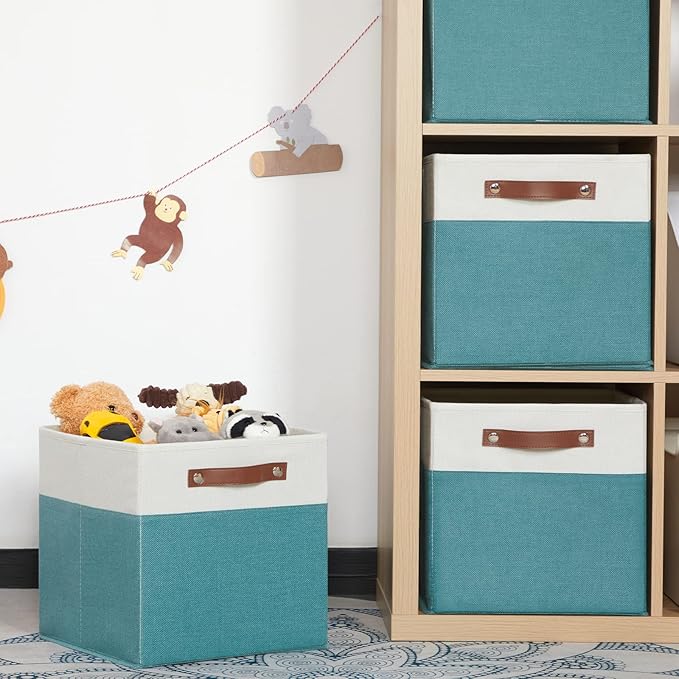 HNZIGE Storage Cubes Bins for Organization Set of 4, Fabric Storage Cube 12 x12, Collapsible Storage Bins Basket Cube with Handles, Canvas for Organizing Shelf Home Nursery(Teal White)-Ruum Studio Home