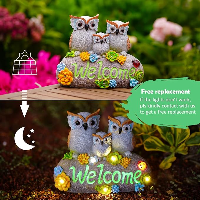 Nacome Solar Owl Statues for Garden Decor: Welcome Sign Outside Lawn for Patio/Balcony/Yard Art/Lawn Ornament House Warming Gifts for Mom/Women-Ruum Studio Home