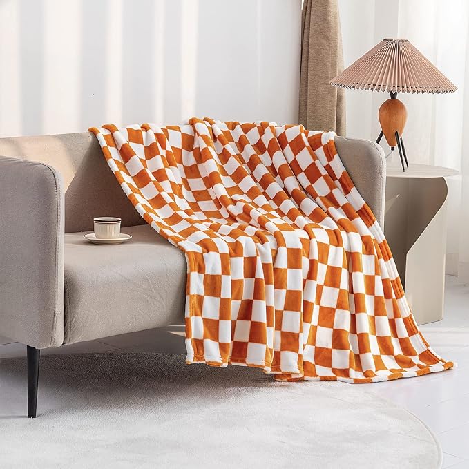 LOMAO Throw Blankets Flannel Blanket with Checkerboard Grid Pattern Soft Throw Blanket for Couch, Bed, Sofa Luxurious Warm and Cozy for All Seasons (Orange, 50"x60")-Ruum Studio Home