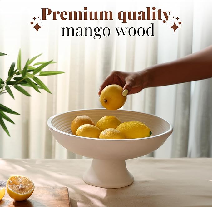 Folkulture Wooden Fruit Bowl for Kitchen Counter | 12" Large Premium Eco Friendly Banana Fruit Basket for Kitchen | White Wood Bowl with Holder, Pedestal for Table Decor, Centerpiece for Dining Table-Ruum Studio Home