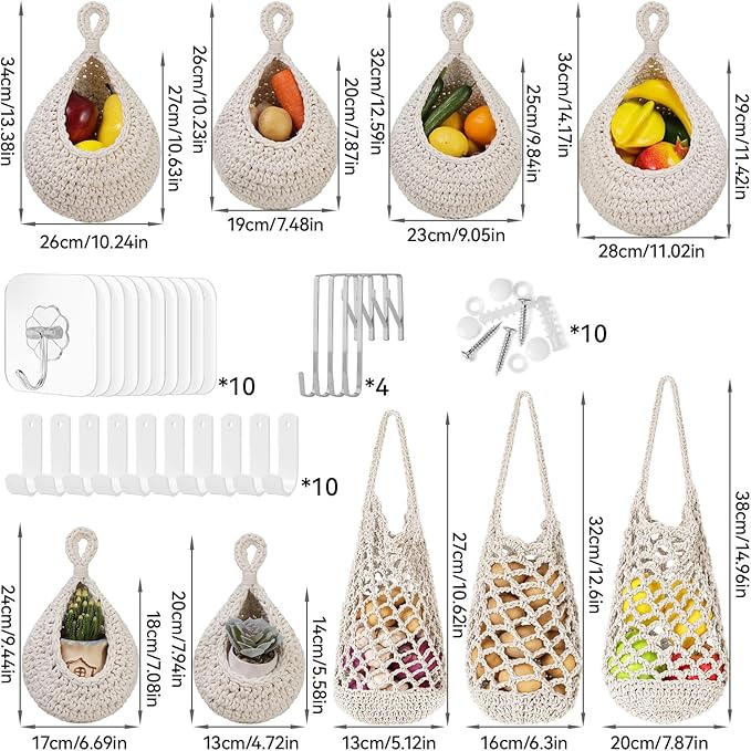 AARAINBOW Boho Wall Hanging Baskets for Kitchen Storage, Fruit Woven Wall Basket 9 Pcs, Hanging Vegetable and Onion Storage with 24 Hooks （White）-Ruum Studio Home