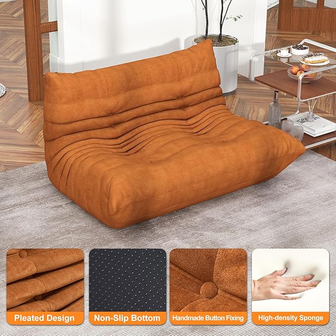 Full Foam Loveseat Sofa,Adults Bean Bag Chairs Floor Couch with Soft Waterproof Fabric,Armless Fireside Lounge Chair for Living Room,Apartment and Office (DarkOrange)-Ruum Studio Home