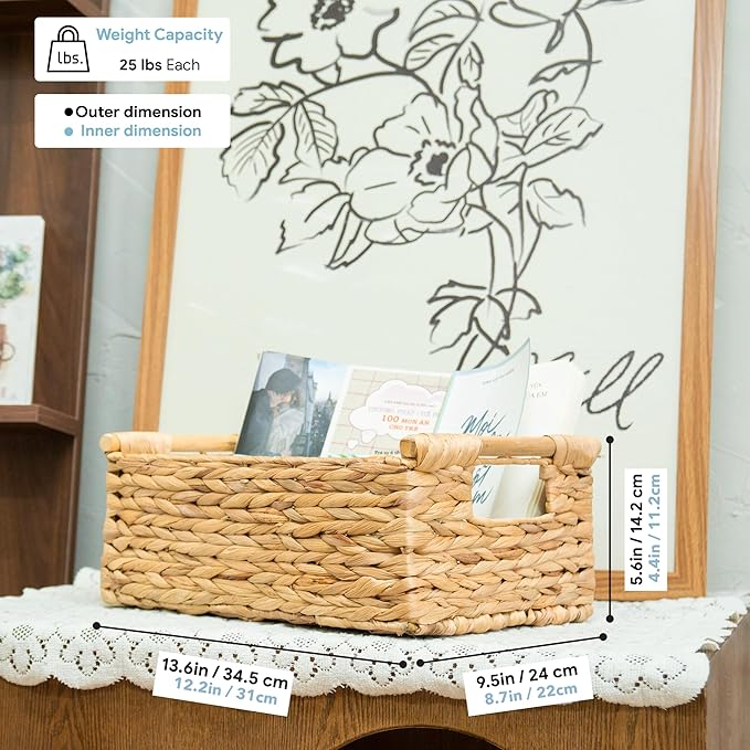VATIMA Hyacinth Medium Wicker Basket 13.6x9.5x5.6" - With Handle, Living Room Decor, Rectangular Design-Ruum Studio Home