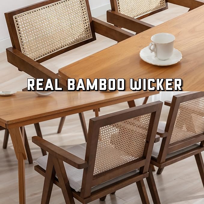 Rattan Dining Chairs Set of 2, Farmhouse Wicker Dining Chairs with Removable Linen Cushion Accent Cane Armchair for Dining Room Kitchen Restaurant, Walnut-Ruum Studio Home