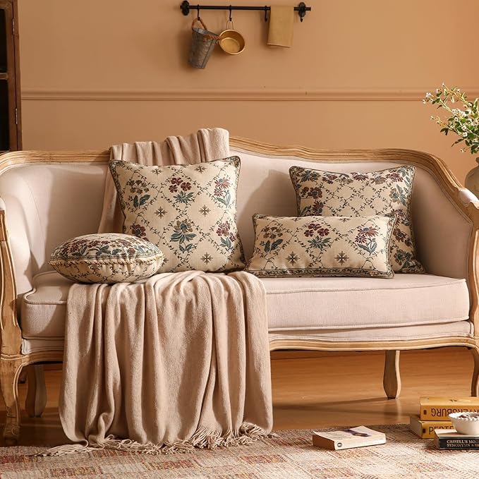 patdrea Designer Throw Pillow Covers Set of 4,Euro Vintage Light Brown Linen with Floral Collection Pattern Pillow Cover,Decorative Square Lumbar Round Pillowcases Cushion for Bed Living Room Car-Ruum Studio Home