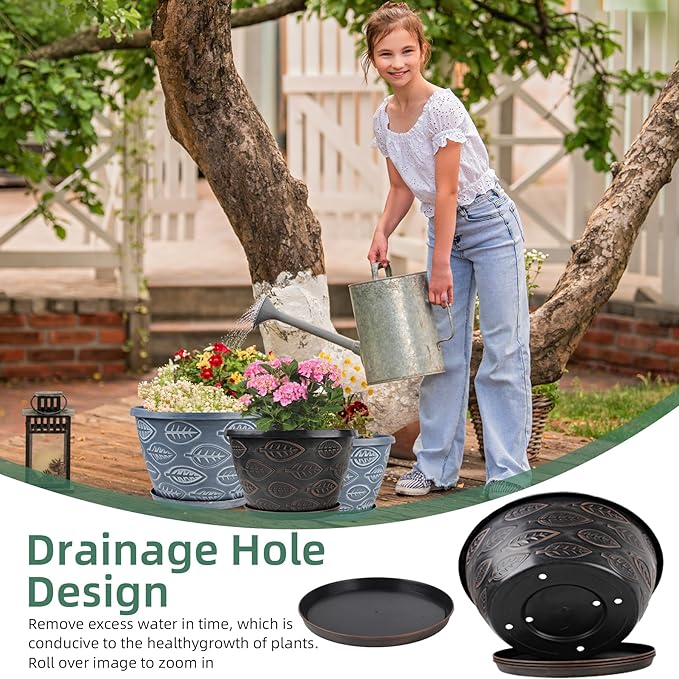 3 Pack Flower Pots Outdoor 11 Inch Plant Pots Indoor, Large-Plastic-Plant-Flower-Planters-Pots with Drainage Hole & Tray, Modern Decorative Garden Pot with Saucer(Brown)-Ruum Studio Home