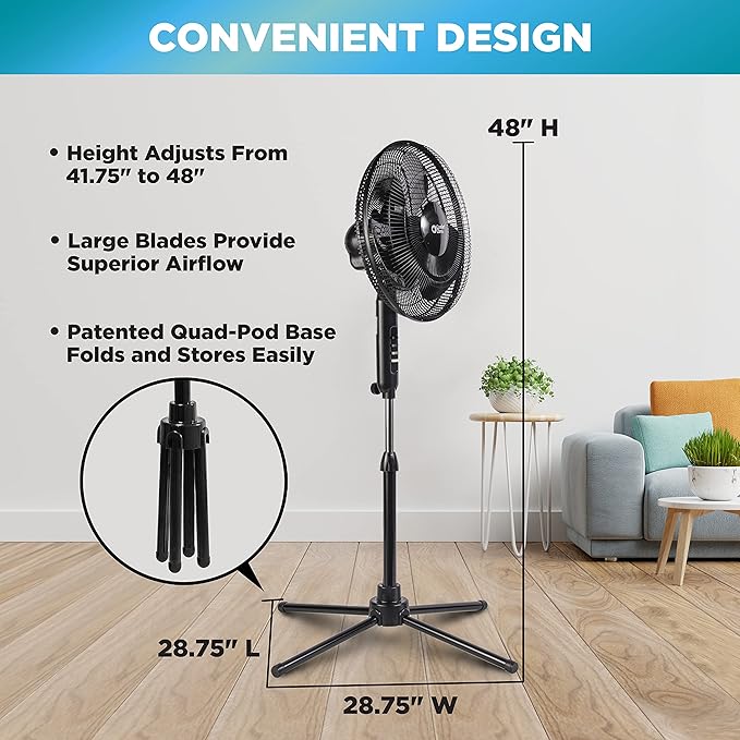 Comfort Zone Electric Oscillating Pedestal Fan, Stand Fan, 16 inch, 3 Speed, 90 Degree Oscillating Head, Adjustable Height and Tilt, Airflow 7.48 ft/sec, Ideal for Home, Bedroom & Office, CZST161BTEBK-Ruum Studio Home