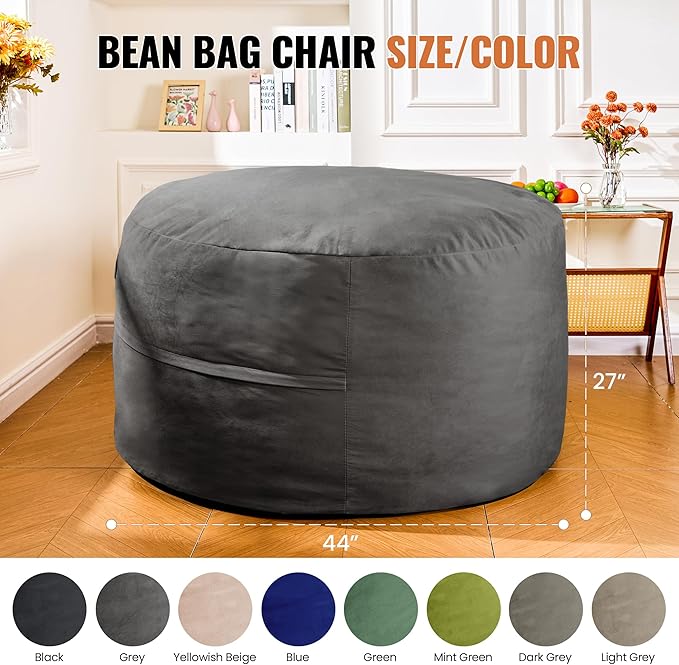 4FT Bean Bag Chair: Bean Bag with Velvet Cover, Fluffy and Comfy Bean Bag Chairs for Adults and Kids, Bean Bag Sofa Filled with High-Density Sponge for Gaming (Grey)-Ruum Studio Home